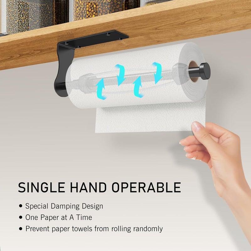 SetSail Paper Towel Holder, Single Hand Operable Paper Towel Holder Under Cabinet with Adjustable Damper, Easy Tear, Wall Mount, Self-Adhesive or Drilled for Kitchen Bathroom, Black - Image 3